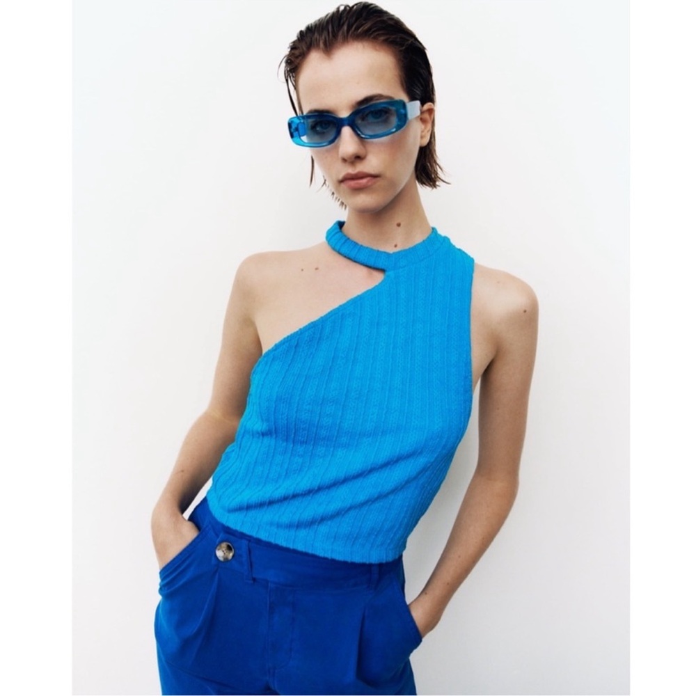 NWT ZARA Cut Out Cable Knit Crop Top Blue Women’s Size M